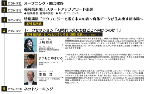 17時30分 オープニング 17時35分 福岡県未来ITスタートアップアワード表彰 18時15分 特別講演 19時5分 トークセッション 19時55分 ネットワーキング